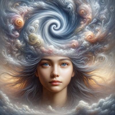 The primary subject of the image is a woman with long hair, who is the main focus of the scene. She is depicted with a cloudy background, which adds to the overall atmosphere of the image. The visual style of the image is digital art, as it is a detailed and intricate illustration of the woman's head. The colors in the image are predominantly shades of blue, which contribute to a calm and serene mood.